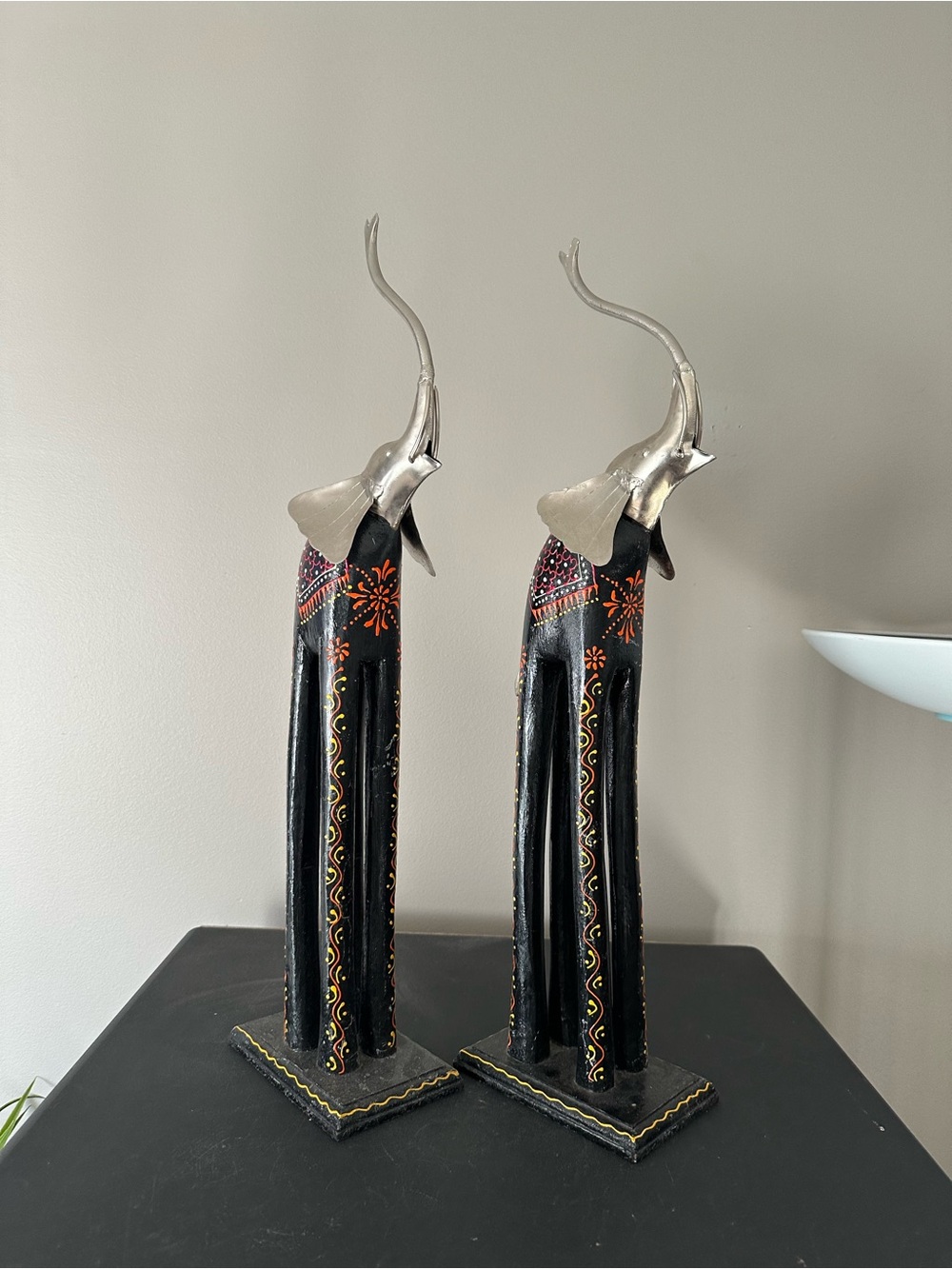 Hand-Painted Black Elephant Figurine Pair with Silver Accents